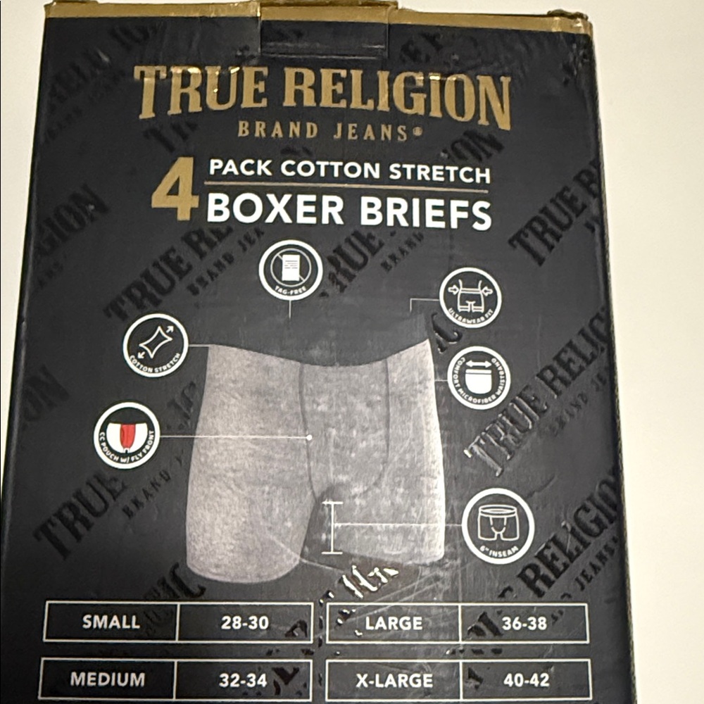 TRUE RELIGION MENS STRETCH BOXER BRIEF 4 PK SIZE L NIB!